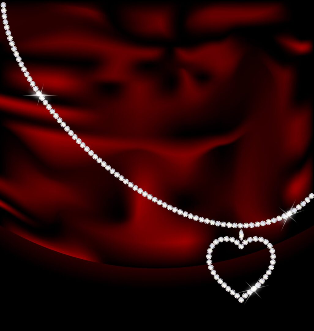 A heart shaped diamond necklace on a red background.