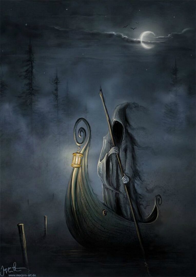 A painting of a person on a boat in the dark.