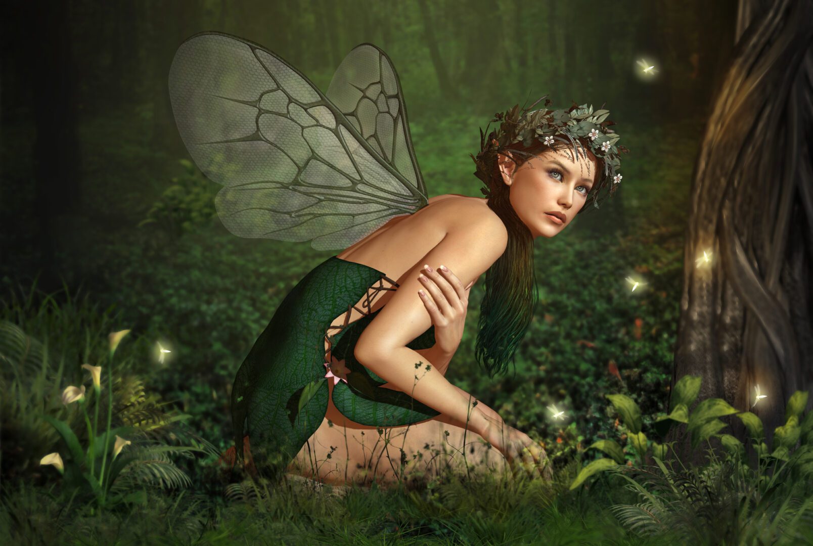 A fairy sitting in the grass with her wings spread.