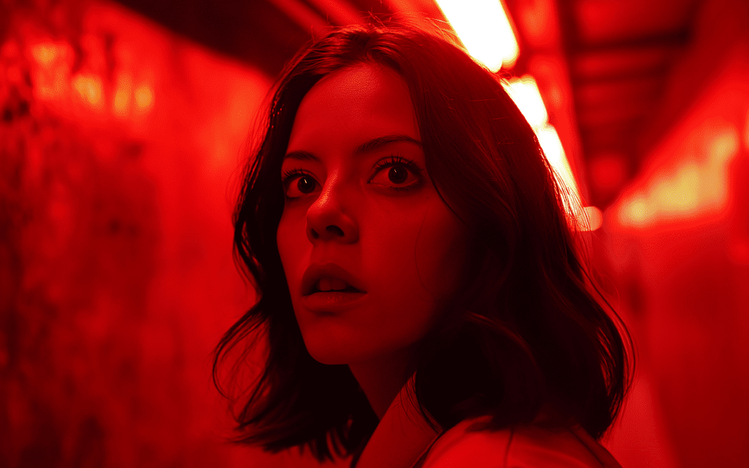 In the movie "Scared Stiff," a woman bravely stands in a dark tunnel illuminated by eerie red lights.