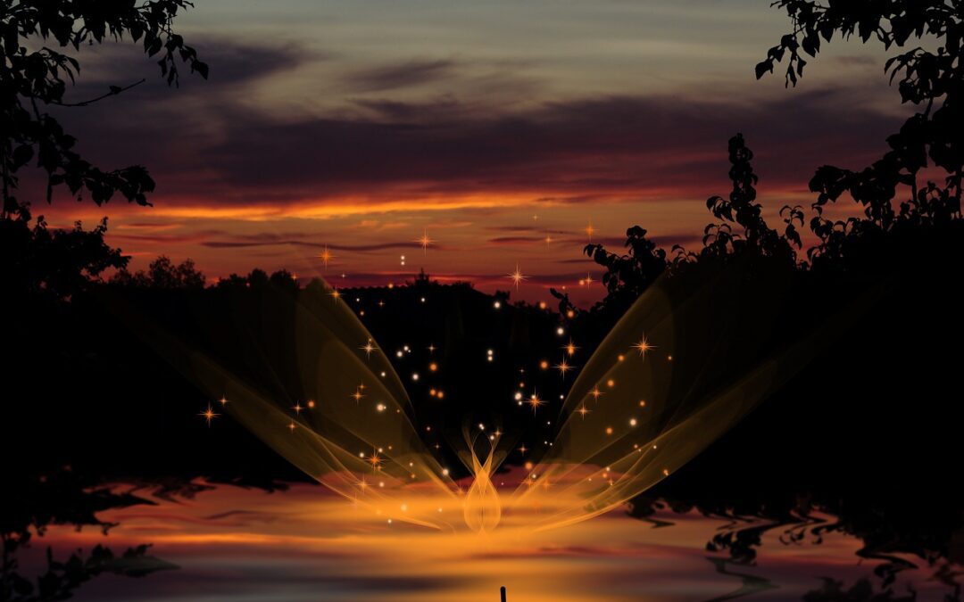 A silhouette of a man and a woman standing by a lake at sunset, while the lake is showered with stars.